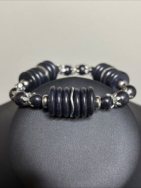 Stacked Dark Black Disc Bead Bracelet with Silver Accents